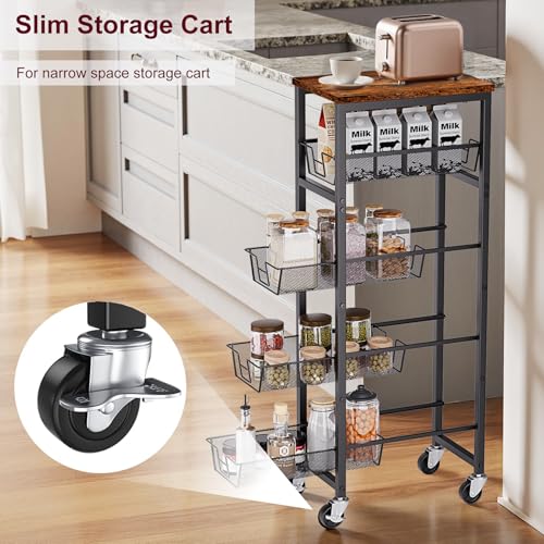 Slim Rolling Cart, 5-Tier Storage Cart, 9.1inch Narrow Kitchen Rolling Cart on Wheels for Small Space, Utility Cart Shelving Unit with Wooden Top and Metal Handle for Kitchen, Bathroom, Laundry Room - size: 5 Tiers (9.1"D x 39.4"H)
