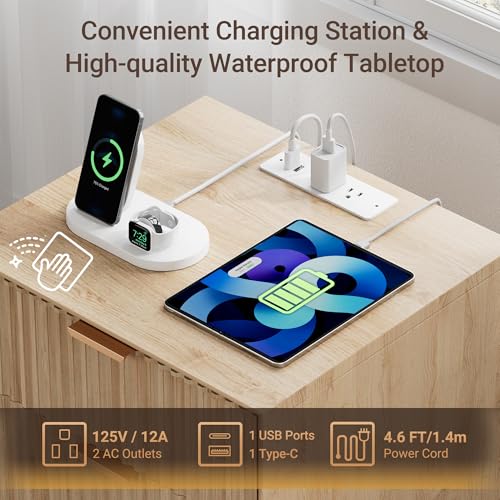 Fluted Nightstand Set of 2 with Charging & Beveled Edge, Natural | 18in Wide, FSC-Certified MDF, Solid Wood Legs, 2 Drawer, Metal Handle, Modern, Bedroom, Night Stand, Bedside Table, End Table - color: Natural Oak - Beveled Drawer, size: 18"W