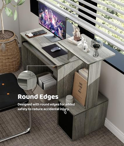 Computer Desk with Drawers, Study Table with Storage Shelves Keyboard Tray for Home Office Bedroom Living Room, Oak Grey/Black - color: French Oak Grey
