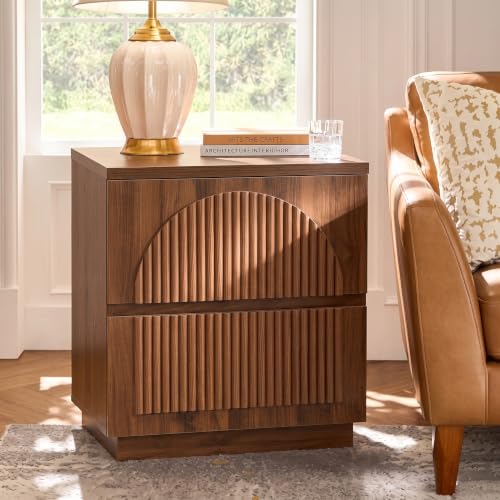 Yechen Fluted Nightstand with Charging Station, Modern Nightstand with Storage, Arched Reeded Night Stand, Bedside Table for Bedroom, Walnut - color: Walnut, size: 1PCS