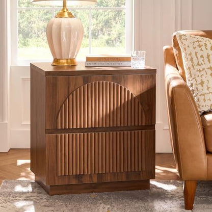 Fluted Nightstand with Charging Station, 2 Drawers, Walnut | Fluted nightstand with charging station, 2 drawers, arched fronts and a curved base - size: 1PCS