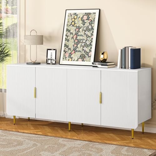 65" Fluted Sideboard Buffet Cabinet with Storage, Console Cabinet with 4 Doors & Adjustable Shelves, Modern Buffet Table for Kitchen Dining Living Room Hallway‌ Entryway, White - color: White