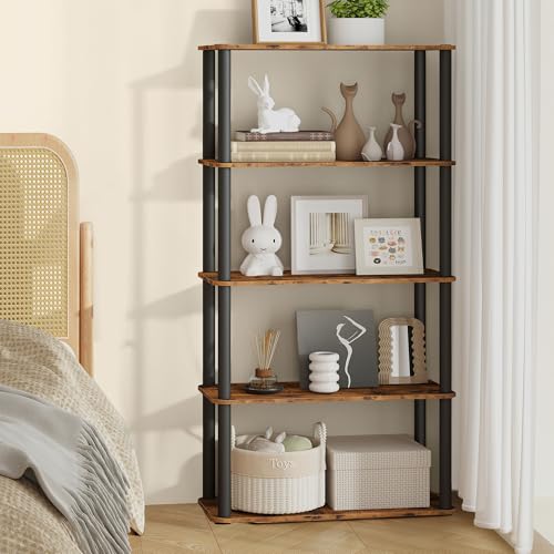 VASAGLE Superfast Toolless Assembly, 5-Tier Shelf for Living Room, Standing Shelf, Bookshelf, Bedroom, Kitchen, 9.4 x 23.6 x 54.7 Inches, Rustic Brown and Ink Black ULLS165K01 - color: Rustic Brown + Ink Black, size: 5 Tiers (23.6"W)