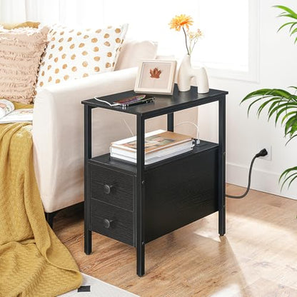 HOOBRO Set of 2 End Tables with Charging Station, Narrow Side Table with Drawers & USB Port & Power Outlets, Nightstand for Small Spaces, Living Room, Stable and Sturdy, Black BK541BZP201 - color: Black