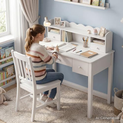 FUNKOCO White Writing Desk with Hutch & 5 Drawers - 40 Inch Modern Computer Workstation for Home Office, Teen Desk, Small Study Desk, Ideal for Gift - color: 3-large White