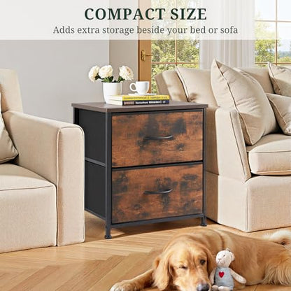 Nightstand Set of 2 Small 2 Drawer Dresser End Table Bedside Furniture | Wooden Top Fabric Bins for Bedroom, Closet, Entryway, Dorm, 11.8" D x 18" W x 20", Brown - color: Brown