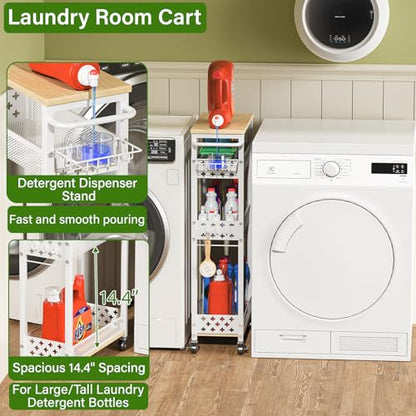 Utility Slim Storage Cart for Home Laundry Room, Bathroom, Kitchen | 4-Tier narrow rolling cart for small space, Holds tall bottles, Upgraded metal hub casters, Premium wood & metal mesh shelves