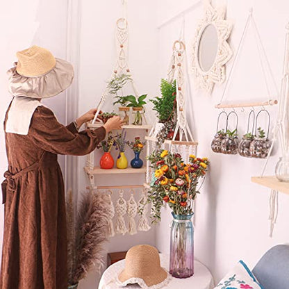 TENEWEE Boho Macrame Wall Hanging Shelf with Hooks for Bedroom | Handmade Woven, Space Saving For Rental Apartments, Easy Hanging, Plant & Book Display, Bedroom, Kitchen, Bathroom, Dorm - size: 2tier shelves