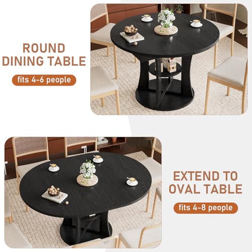 Extendable Round Dining Table for 4-6-8, 43.3-59in Expandable Dining Table with Storage Shelf, Space Saving Circle Oval Kitchen Table with Leaf for Dining Room, Black - color: Black