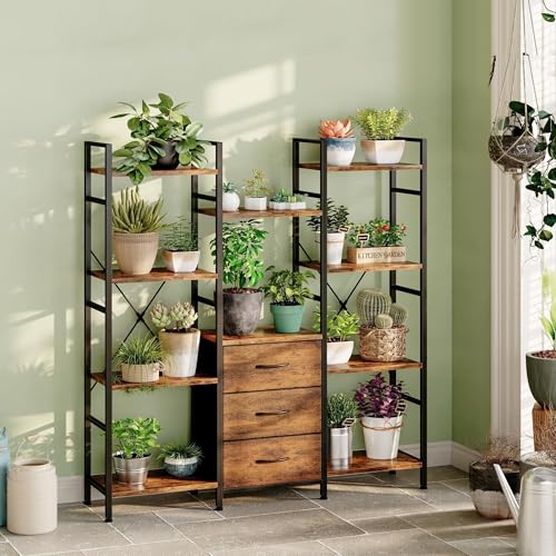 AFLUI Triple Bookshelf with 3 Fabric Drawers, 4-Tier Book Shelf and 10 Display Shelves, Industrial Large Bookcase for Home & Office, Rustic Brown, 47'' Wide - color: Rustic Brown, size: 4 Tier(47" W)