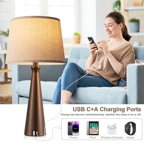 Seealle Modern Table Lamps Set of 2 - Touch Bedside Lamp for Nightstand with Dual USB C+A,3-Way Dimmable Brown Nightstand Lamps for Living Room Bedroom End Table with Oat Shade(Bulb Included) - color: F. Brown-Oat