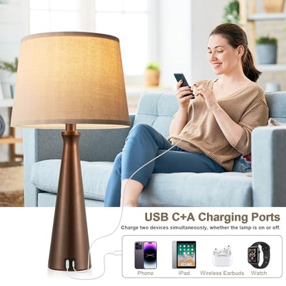 Seealle Modern Table Lamps Set of 2 - Touch Bedside Lamp for Nightstand with Dual USB C+A,3-Way Dimmable Brown Nightstand Lamps for Living Room Bedroom End Table with Oat Shade(Bulb Included) - color: F. Brown-Oat