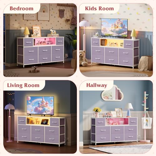 WLIVE Purple Dresser TV Stand for 45, 50, 55 inch TV, Entertainment Center with LED Lights & Charging Station, Chest of Drawers with 8 Fabric Drawers and Open Shelves for Living Room, Hallway - color: Purple