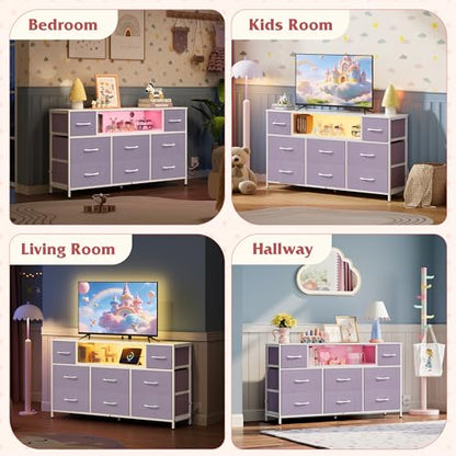 WLIVE Purple Dresser TV Stand for 45, 50, 55 inch TV, Entertainment Center with LED Lights & Charging Station, Chest of Drawers with 8 Fabric Drawers and Open Shelves for Living Room, Hallway - color: Purple