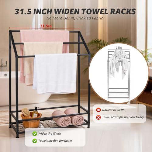 Hjarta Extra Wide 31.5 Inch Standing Towel Rack, Tall 40 Inch Free Standing Towel Rack with Storage Shelf, 3 Tier Towel Stand for Bathroom Outdoor Poolside