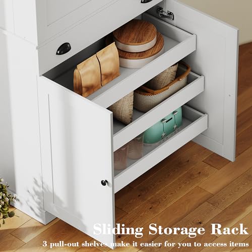 IRONCK 72" Kitchen Pantry Cabinet with Drawer and Sliding Racks, White | White wood pantry cabinet. 6 door shelves. 3 sliding racks. For kitchen, dining room, or hallway. - color: White