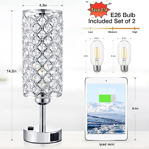 Hong-in Crystal Lamp Touch Control Set of 2, Sliver Crystal Table Lamps with USB C+A Ports & AC Outlet, 3-Way Dimmable Nightstand Touch Lamp, Modern Bedside Table Lamp for Bedroom(Bulbs Included) - color: A-Silver