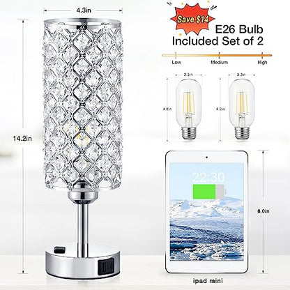 Hong-in Crystal Lamp Touch Control Set of 2, Sliver Crystal Table Lamps with USB C+A Ports & AC Outlet, 3-Way Dimmable Nightstand Touch Lamp, Modern Bedside Table Lamp for Bedroom(Bulbs Included) - color: A-Silver