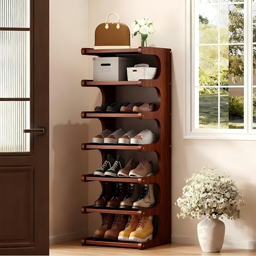 7-Tier Vertical Shoe Rack, Bamboo Free Standing Shoe Rack Shelf, Shoe Storage Stand, Entryway Shoe Tower, Vertical Shoe Organizer for Narrow Closet, Entryway, Hallway - color: Walnut Brown