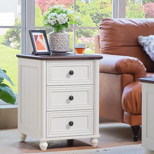 RWYHG 18" Nightstands Set of 2 with Charging Station & 3 Drawers | Farmhouse Modern Night Stand, Bedside Table with Metal Handle, White Bed Side End Tables for Bedroom Living Room - color: Elegant White, size: 18"D x 18"W x 24"H (3 Drawers)