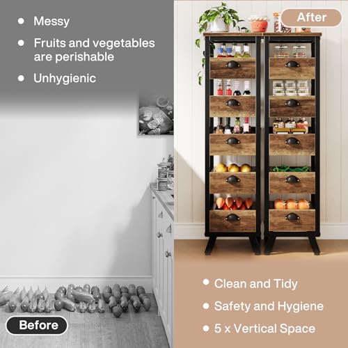 Tribesigns Wood Fruit and Vegetable Storage Rack, 5-Tier Narrow Snack Stand Kitchen Stand Fruit Basket, Pull-Out Utility Organizer for Kitchen, Living Room, Rustic Brown - color: Rustic Brown