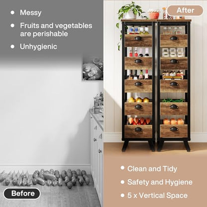 Tribesigns Wood Fruit and Vegetable Storage Rack, 5-Tier Narrow Snack Stand Kitchen Stand Fruit Basket, Pull-Out Utility Organizer for Kitchen, Living Room, Rustic Brown - color: Rustic Brown