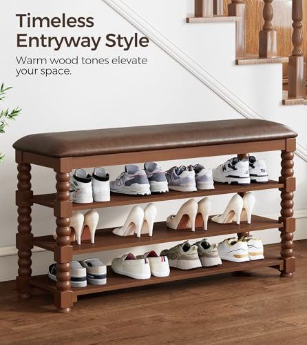 Homleke 39.4" Wide Solid Wood Shoe Rack Bench with Classic Turned Ball Legs | Tall 3-Tier Entryway Bench with Leather Seat, Holds Up to 12 Pairs, for Hallway, Bedroom and Closet, Walnut - color: Walnut, size: 3-Tier 39.4 Inch