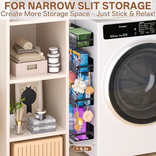 Magnetic Washing Machine Side Storage Rack Shelves 4-Pack, Heavy Duty Metal Narrow Shelf with Hooks, Slim Laundry Room Organizer for Washer Dryer Gap, Space Saving Magnetic Storage for Laundry Kitchen