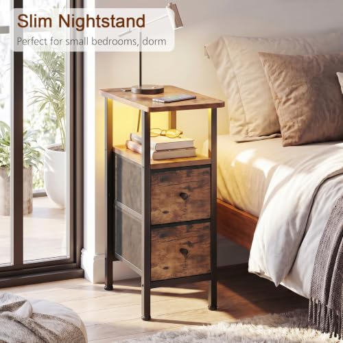 LOAKEKEL Narrow Nightstand with Charging Station, End Tables Living Room | Set of 2, Skinny Side Table with 2 Fabric Drawers, Small Sofa Table with LED Light for Bedroom, Brown - color: Rustic Brown + Black, style: Power + Light