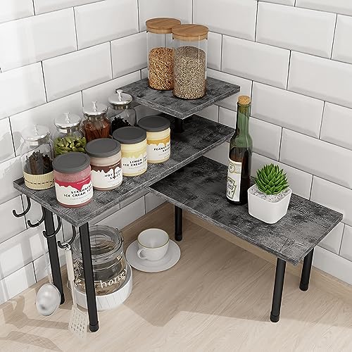 Kitchen Countertop Organizer, 3 Tier Corner Shelf Bathroom Counter Organizer, Wooden Counter Shelf Stand Space Saver, Easy Assembly, Rustic Grey - color: Rustic Grey, With Hooks