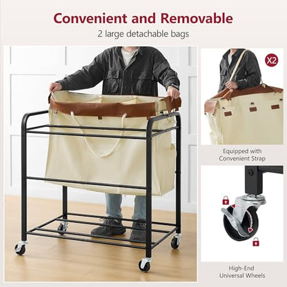 350L Extra Large Laundry Cart, Laundry Hamper 6 Section, Beige | Large Capacity, Heavy Duty Lockable Wheels, Sturdy Metal Frame, Leather Patchwork, Removable Bags - color: Beige, size: 6 Bag 350L