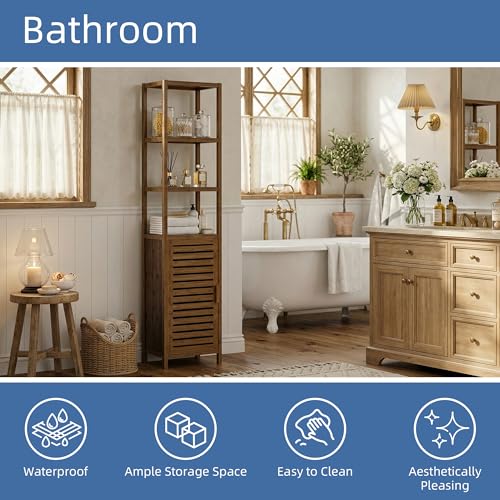 HITNET Bathroom Cabinet, Bamboo Floor Cabinet Freestanding Narrow Storage Unit with Removable Shelves, 6 Tier Tall Cabinet, Walnut - color: Walnut