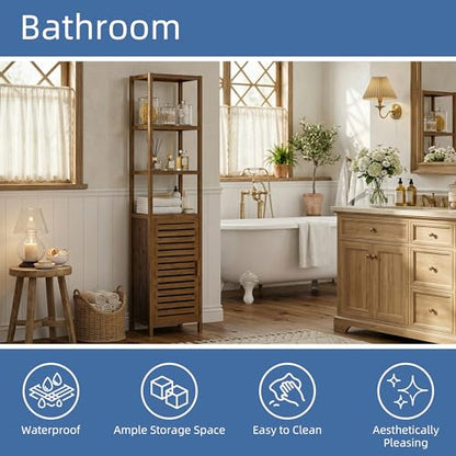 HITNET Bathroom Cabinet, Bamboo Floor Cabinet Freestanding Narrow Storage Unit with Removable Shelves, 6 Tier Tall Cabinet, Walnut - color: Walnut