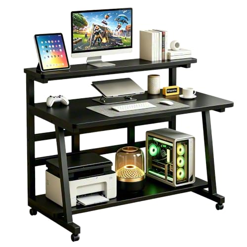 Rolling Computer Desk, 31.5 Inch Small Desks For Small Space, Portable Small Computer Desk with Monitor Stand & 3-Tier Storage, Portable Desk on Wheels for Writing, Home Office, Small Desk for Bedroom - color: Frame：black/Board：black, size: 31.5“*19.7”