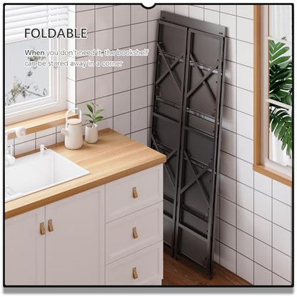 4NM 5 Tiers No Assembly Book Shelves, 51.2" H Folding Bookshelf Bookcase Open Industrial Foldable Shelves for Bedroom, Living Room, Home Office - All Black - color: All Black, size: XX 5-Tier