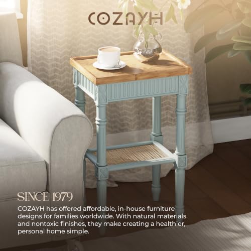 COZAYH End Table - Rustic Farmhouse Accent Table - Tray Top, Pale Mint Blue | Engineered Wood, 17 x 13 x 28.25 in, 35 lb Capacity, Rectangular Shape, Distressed Finish, Wicker Shelf, No Assembly Required - color: Mint, size: 1-Pack