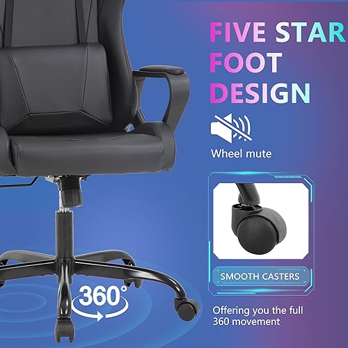 PayLessHere Ergonomic Racing Desk Chair Gaming Chair Computer Chair with Armrests 360° Swivel & Caster Pu Desk Task Chair Executive Headrest Lumbar Support for Back Pain Women Men and Adults (Black) - color: Black