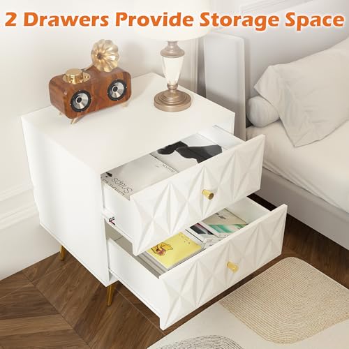 Nightstand Set of 2, White and Gold Nightstands with 2 Diamond Pattern Drawers, Modern End Table Side Table with Gold Handle & Legs for Bedroom