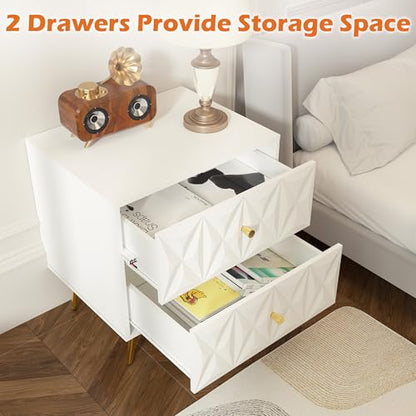 Nightstand Set of 2, White and Gold Nightstands with 2 Diamond Pattern Drawers, Modern End Table Side Table with Gold Handle & Legs for Bedroom