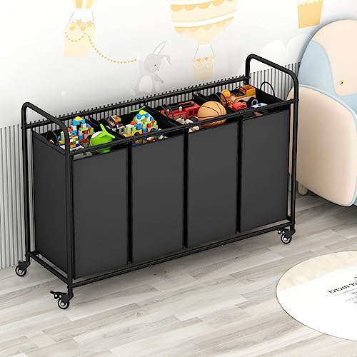 4 Section Laundry Hamper, Black Rolling Laundry Basket, 180L Laundry Sorter | Laundry Room Organization with Heavy Duty Rolling Lockable Wheels and Removable Bag, Bedroom Laundry Cart for Clothes Storage - size: 4 Bags Black