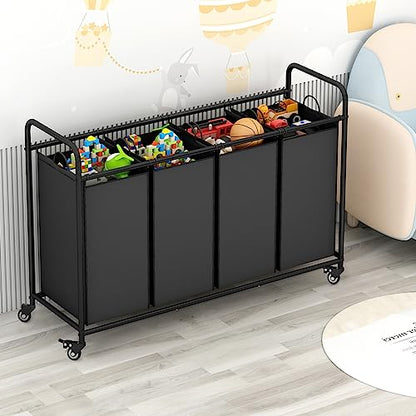 4 Section Laundry Hamper, Black Rolling Laundry Basket, 180L Laundry Sorter | Laundry Room Organization with Heavy Duty Rolling Lockable Wheels and Removable Bag, Bedroom Laundry Cart for Clothes Storage - size: 4 Bags Black