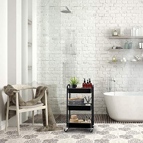 3-Tier Rolling Metal Storage Organizer - Mobile Utility Cart, Kitchen Cart with Caster Wheels (Black) - color: Black