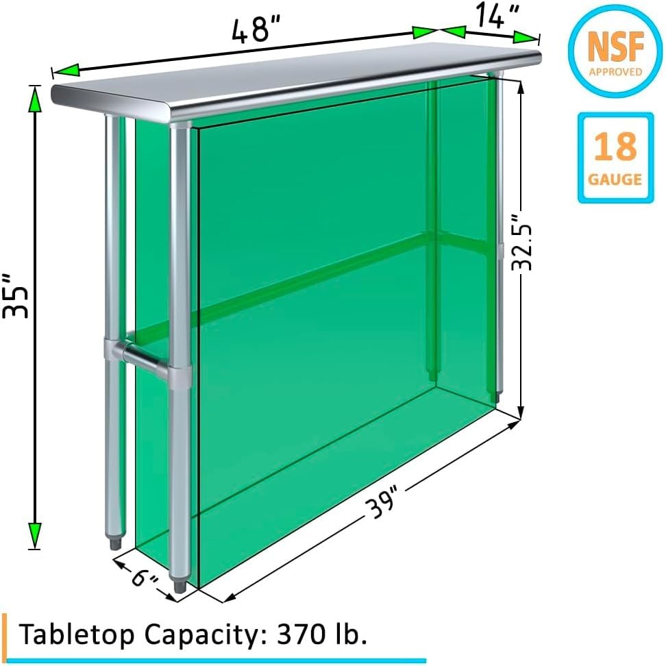 48" x 14" Open Base Stainless Steel Work Table – NSF Certified Narrow Commercial Utility Table with Galvanized Legs for Kitchens, Labs & Food Trucks - size: 48"x14"