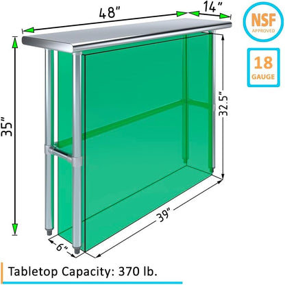 48" x 14" Open Base Stainless Steel Work Table – NSF Certified Narrow Commercial Utility Table with Galvanized Legs for Kitchens, Labs & Food Trucks - size: 48"x14"