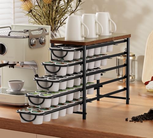 HFHOME Coffee Pod Holder with Wooden Top, Compatible with K-Cups, 5-Tier Coffee Capsule Storage Drawer, 70 Capacity Pods Organizer with 3 Mug Holders, for Home, Office, Kitchen Counter, Black - color: Black-70 Pod
