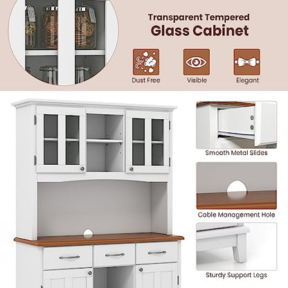 PETSITE Kitchen Pantry Storage Cabinet, Freestanding Microwave Cupboard with Tempered Glass Cabinet, Wine Rack, Adjustable Shelves, Buffet with Hutch for Living Room, Dining Room, White