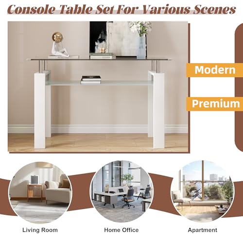 47" 2-Tier Console Table with Tempered Glass Top and MDF Frame, Modern White Rectangular Glass Entryway Table for Living Room, Apartment, Office, Easy to Assemble - color: White, size: Console Table
