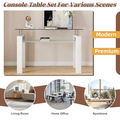 47" 2-Tier Console Table with Tempered Glass Top and MDF Frame, Modern White Rectangular Glass Entryway Table for Living Room, Apartment, Office, Easy to Assemble - color: White, size: Console Table