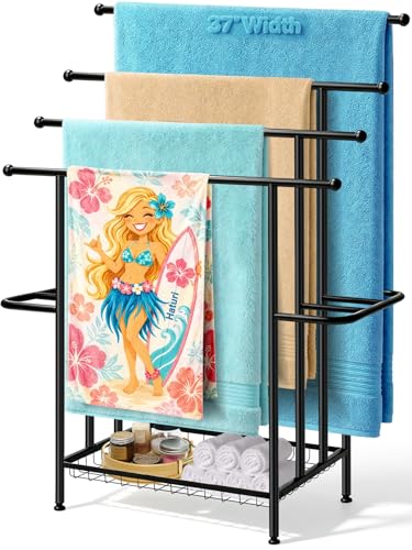 Haturi 4-Tier Free Standing Towel Rack for Bathroom, 45.3" H Black Metal Towel Drying Rack, 18.1" W with Storage Basket, Outdoor Pool Towel Holder for Oversized Towels & Blankets - size: 4 Tier