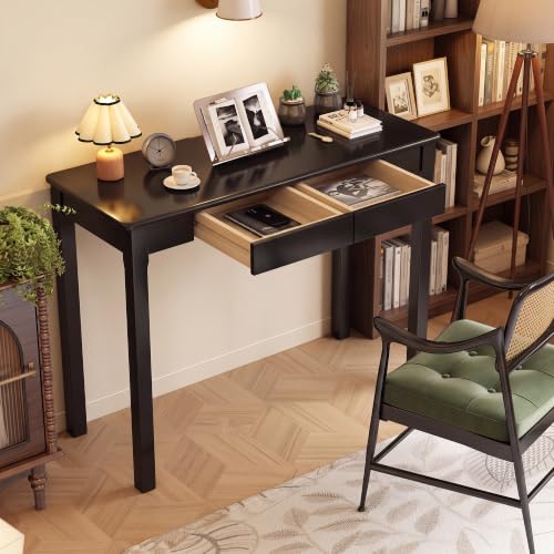 Black 100% Solid Wood 39 x 16 in Small Desk with 2 Drawers | Mid Century Modern Narrow Desk Vintage Small Writing Wooden Desks for Small Spaces Bedroom, Living Room, Office - color: Black, size: 39.4" x 15.7"